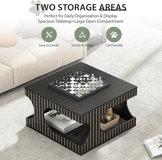 weselon 31.5" Square Coffee Table with Storage, Mid-Century Modern Center Table with Arched Cutouts and Carved Lines, 2-Tier Tea Table for Living Room, Cat-Friendly Base (Black)