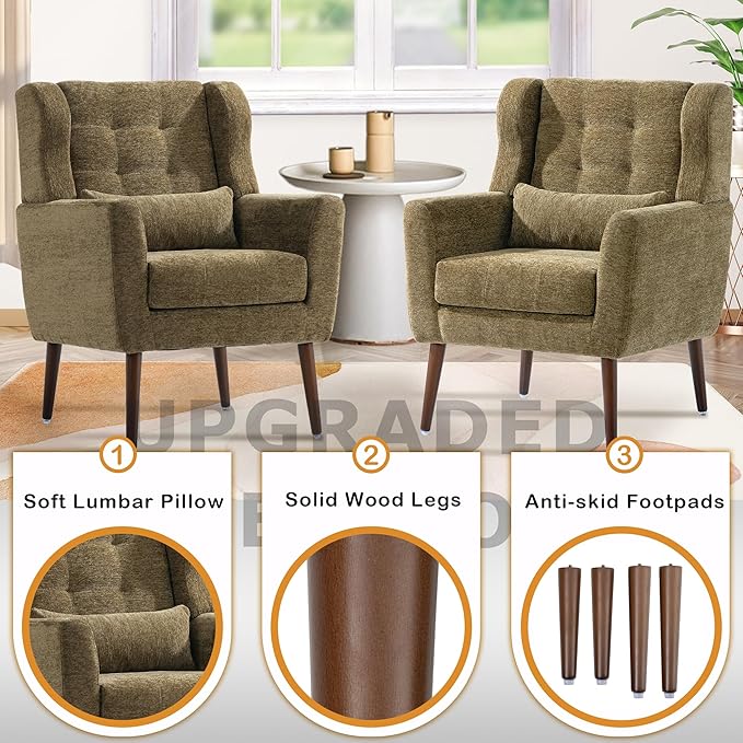 QKFF Modern Accent Chair, Upholstered Armchair with Pillow, Fabric Single Sofa Chair with Lounge Seat and Wood Legs Accent Chair for Living Room Bedroom Small Spaces (Avocado, Set of 1)