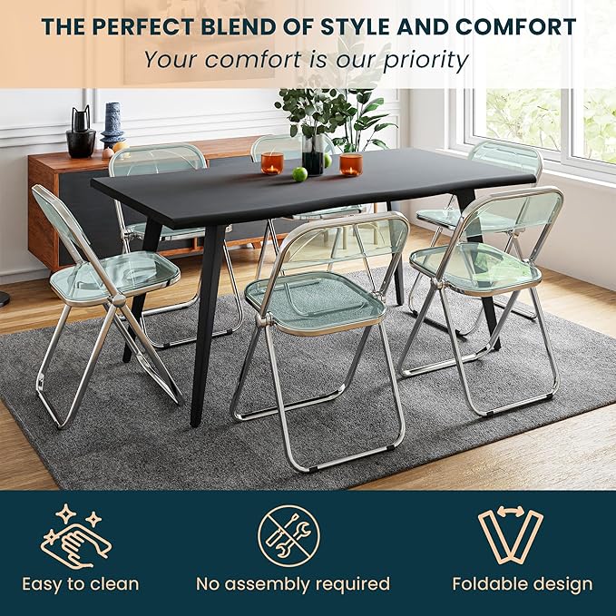 LeisureMod Lawrence Modern Clear Acrylic Folding Chair with Metal Frame, Space-Saving Transparent Seating for Dining Room, Home Office, Bedroom, Vanity or Small Spaces, (Jade Green, Set of 2)