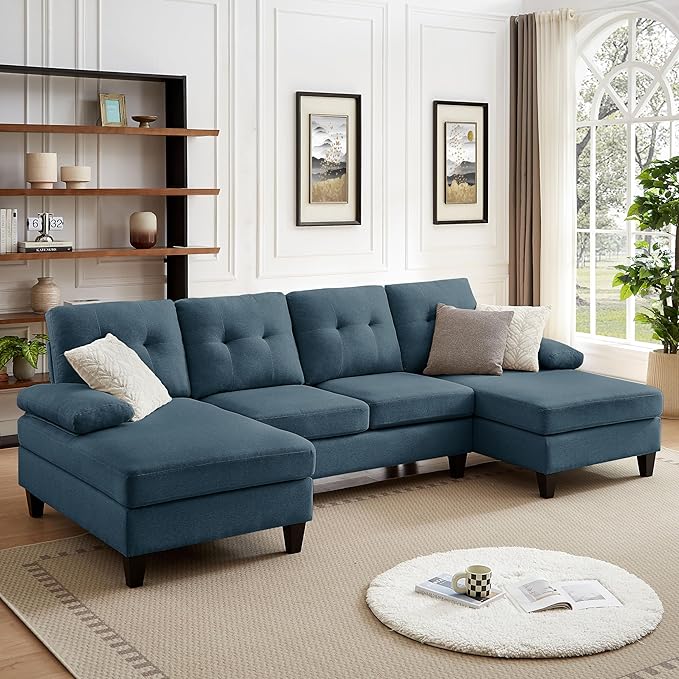 Chireca 111" Sectional Couch for Living Room, Modern Polyester Fibre U Shaped Sofa Couches with Double Chaise, Upholstered 4 Seater Sofa for Living Room, Apartment, Office, Blue