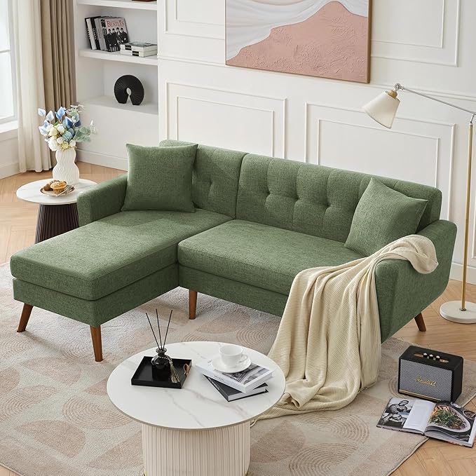 Tbfit L Shaped Couch Sofa, 80" W Mid-Century Modern Sectional Couches, 3 Seater Sofas with Wide Chaise Lounge, Button Tufted Upholstered Sectional Sofa for Living Room, Bedroom, Green | linen fabric, button tufted, solid wood foot, pocket spring, wood ...