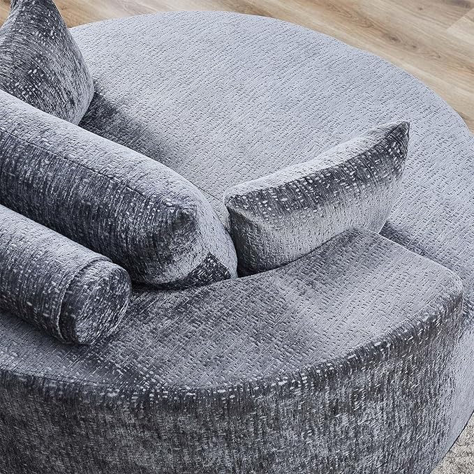 JEEOHEY Modern Round Accent Sofa Chair for Living Room, Upholstered Chenille Barrel Lounge Arm Chair with Large seat&Throw Pillows for Bedroom, Office, Apartment, Grey