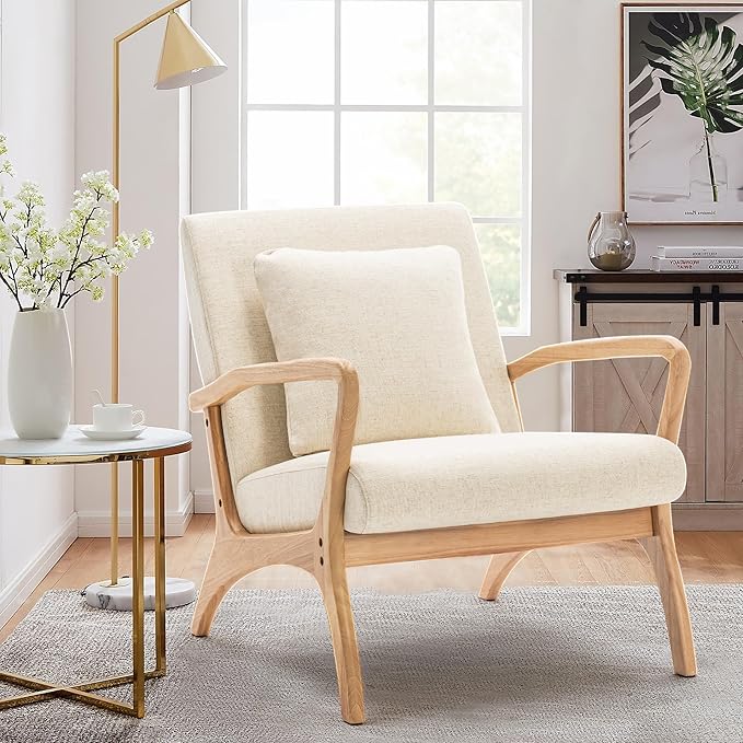 ELUCHANG Accent Chair Mid-Century Modern Chair with Lumbar Pillow, Upholstered Armchair Premium Linen Fabric Comfy Reading Chair, Lounge Side Chair for Living Room Bedroom Sunroom Apartment, Set of 2