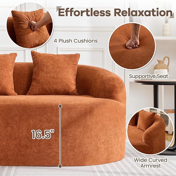 105.5" Boneless Curved Couch, L Shaped 4-Seater Cloud Couch with Deep Seat Chaise, Oversized Curved Sofa, Chenille Modular Sectional Couches for Living Room, No Assembly, Orange