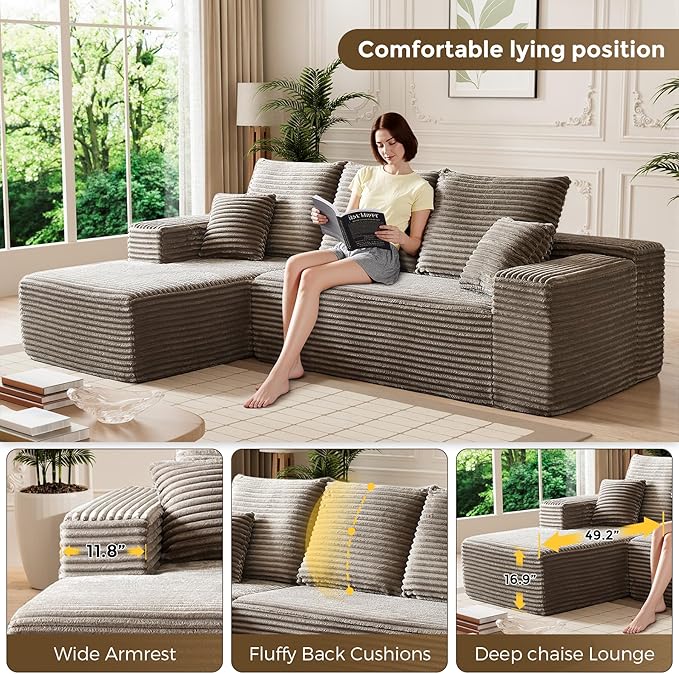 HYJT-H&K Modular Sectional Sofa Cloud Couch, 107" Comfy L Shaped Sectional Couches for Living Room, Deep Seat Memory Foam Plush Fluffy Corduroy Boneless Couch Sectionals Left Facing Sofa Chaise Camel
