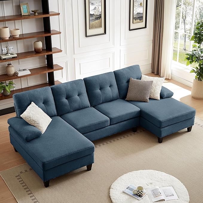 Chireca 111" Sectional Couch for Living Room, Modern Polyester Fibre U Shaped Sofa Couches with Double Chaise, Upholstered 4 Seater Sofa for Living Room, Apartment, Office, Blue