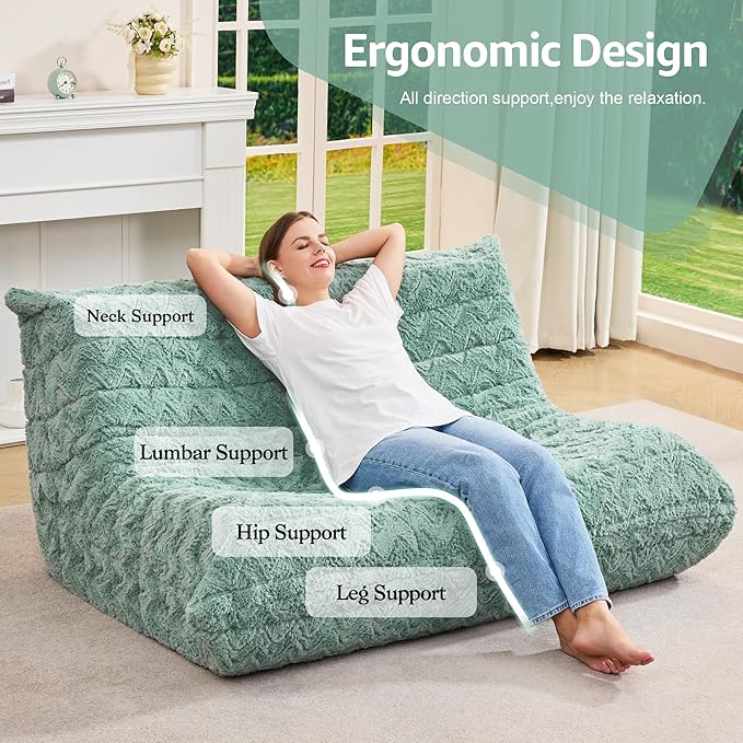 Bean Bag Chairs for Adults Giant Bean Bag Chair Memory Foam BeanBag Chair Bean Bag Sofa with Filler Faux Fur Fireside Beanbags Lazy Sofa for Living Room Bedroom Office (Green Chevron, Loveseat)