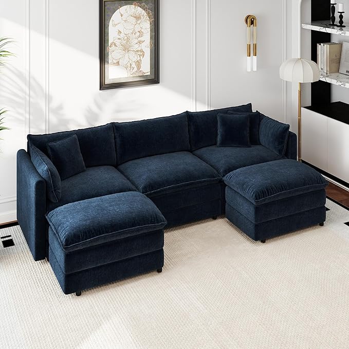 Aoowow Modular Sectional Sofa Modern Convertible U Shaped Couch,112.2 Inch Deep 3-Seater Sofas Set Comfy Chenille Cloud Sofas and Couches with Movable Ottoman for Living Room Apartment（Blue）