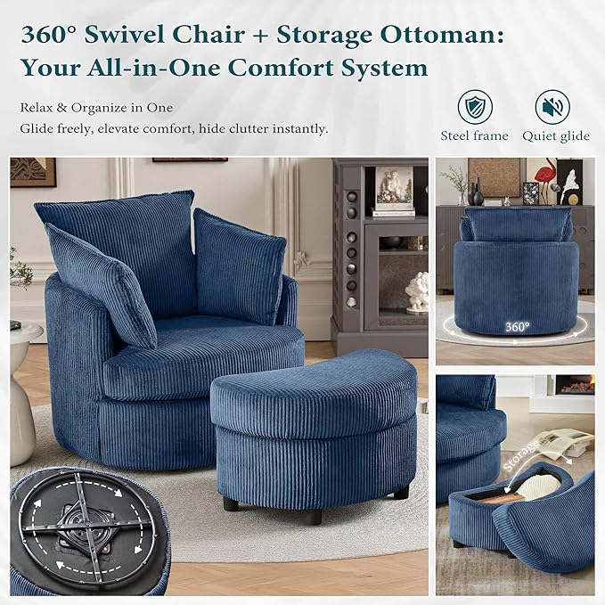 Chorlenimi Swivel Accent Chair Round Barrel Armchair Upholstered Living Room Chair Corduroy Reading Chair Single Sofa Chair for Bedroom Apartment Office (Blue, Upgrade 1Seater+ Ottoman)