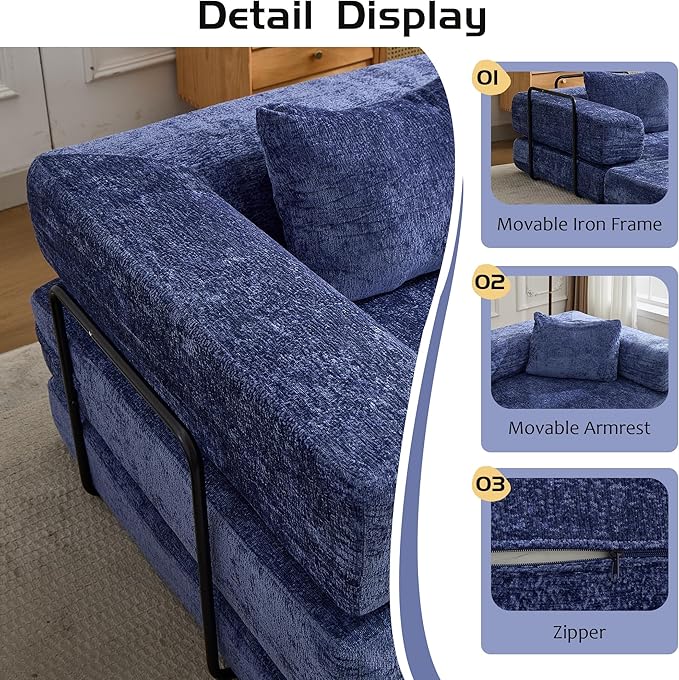 79" Convertible Sofa Bed with Pillows, Corduroy Folding Sleeper Sofa with Fixed-Shape Frame, Boneless Couch for Living Room Bedroom, Floor Sofa Lounge No Assembly Required (Modular Sofa - Blue)