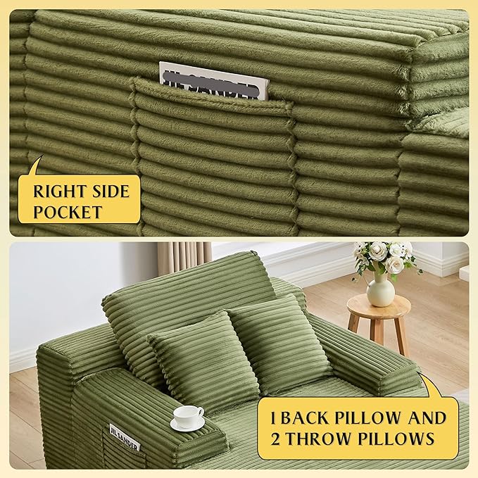 POINTANT 49”W Chaise Lounge Indoor, Oversized Couch Chair with 3 Throw Pillows, Corduroy Upholstered Boneless Sofa Bed,Lazy Bed Sleeper Reading Chairs for Living Room Apartment, No Assembly (Green)