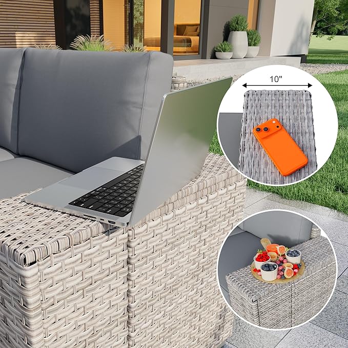 PCSXDSW 6-Piece Outdoor Patio Furniture Set, Rattan Wicker Conversation Set with Wide Armrests, Outdoor Modular Sectional Couch Seating Group Sofa for Deck Garden Porch (Gray Cushions)