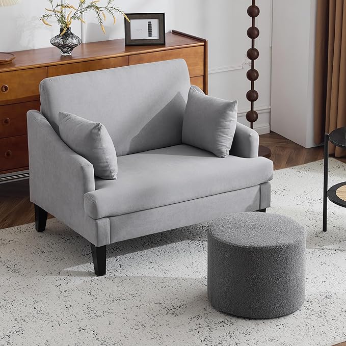 Bezseller Oversized Accent Chair with Ottoman - 33.5'' Wide Seat Comfy Armchair and 2 Pillows, Upholstered Big Reading Chair, Modern Single Sofa Chair for Living Room Bedroom Office, Grey/Grey