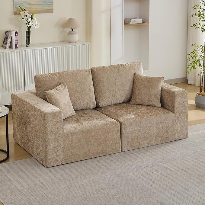 83'' Boneless Loveseat Sofa, Comfy Deep Seat Sectional Cloud Couch, No Assembly Chenille Love Seat for Living Room, Camel