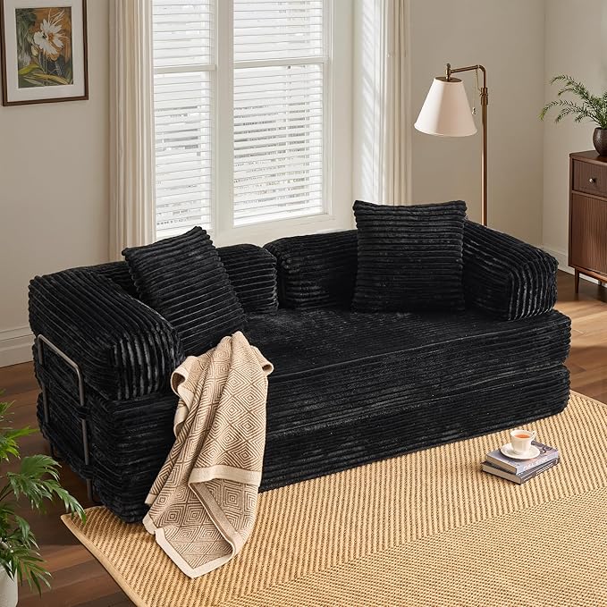 ovios 81" Folding Sofa Bed, Foldable Sleeper Boneless Couch with Pull Out Beds, Modular Convertible Floor Futon Loveseat Lounger for Living Room (Faux Fur, Black)