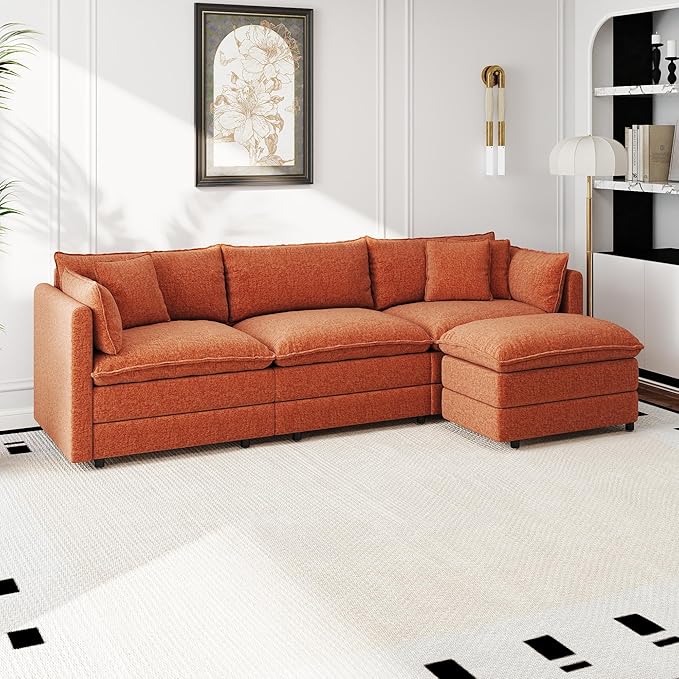 Aoowow Modular Sectional Sofa Modern Convertible L Shaped Couch,111.5 Inch Deep 3-Seater Sofas Set Comfy Chenille Cloud Sofas and Couches with Movable Ottoman for Living Room Apartment(Orange)
