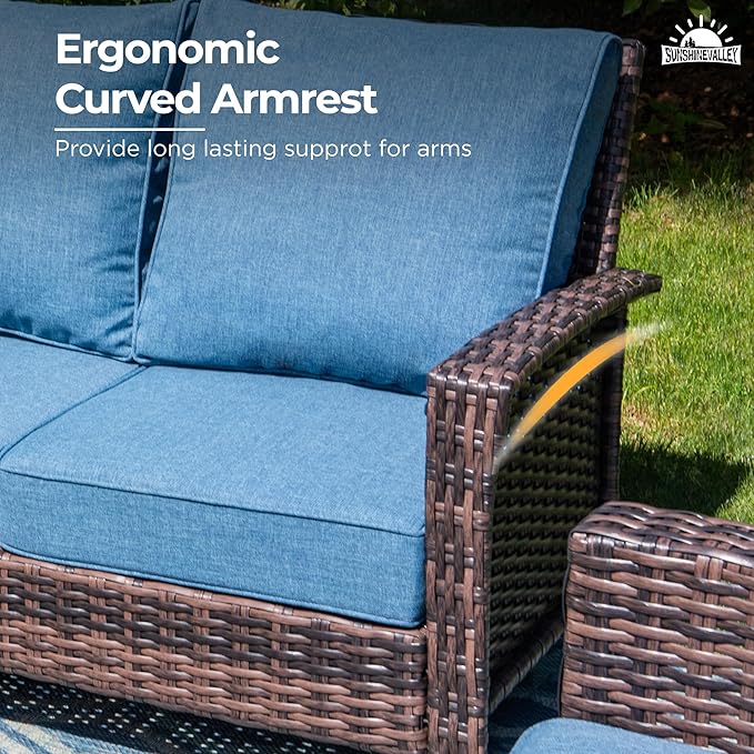 SUNSHINE VALLEY Patio Furniture Set with Swivel Chairs, High Back Wicker Rattan Furniture with 5.5" Thick Cushions and Coffee Table, Outdoor Conversation Set for Backyard Deck,5 Seats, Blue