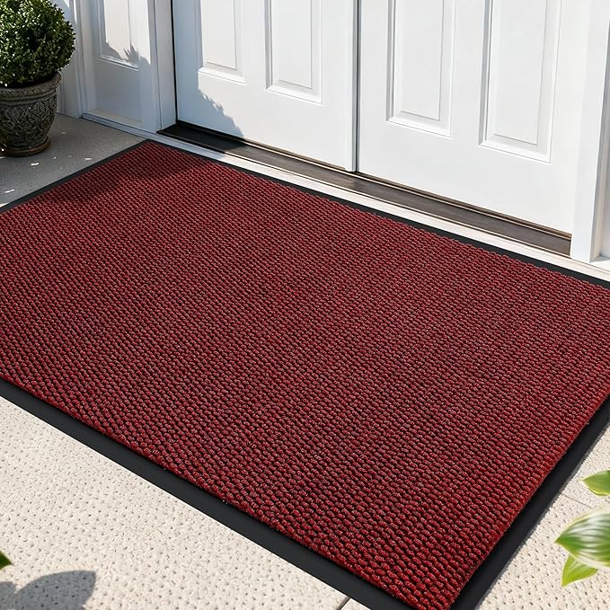 Yimobra Doormat Outdoor Indoor Entrance 47 x 32, All-Season All-Weather Front Door Mat, 100% Waterproof Welcome Matt for Floor Garage Outside Entry, Stain and Fade Resistant,Black Red