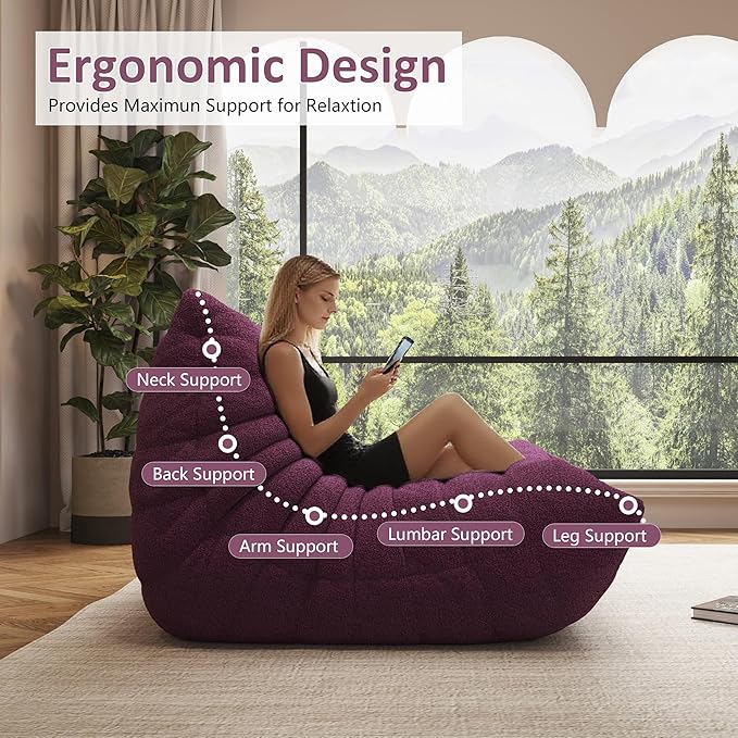 Bean Bag Chair, Oversized Loveseat Fireside Chair for Adults, 2 Seater with Memory Foam Filled, Lazy Sofa Lounge Floor Sofa for Living Room, Bedroom, Office, No Assembly Required. (Purple)