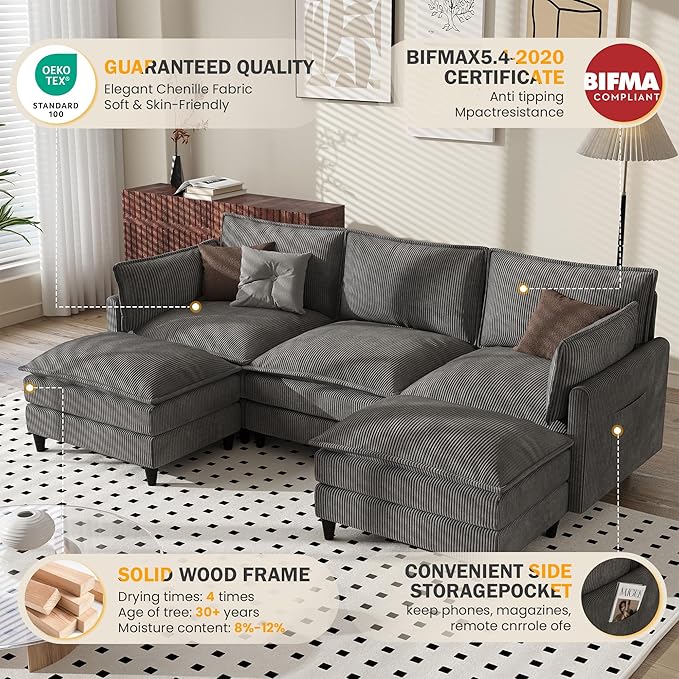 Apicizon 108" Cloud Couch Sectional, 3-Seat Deep Cloud Sofa with Ottoman, Modern U Shape Sectional Sofa Corduroy for Living Room, Apartment, Office, Grey