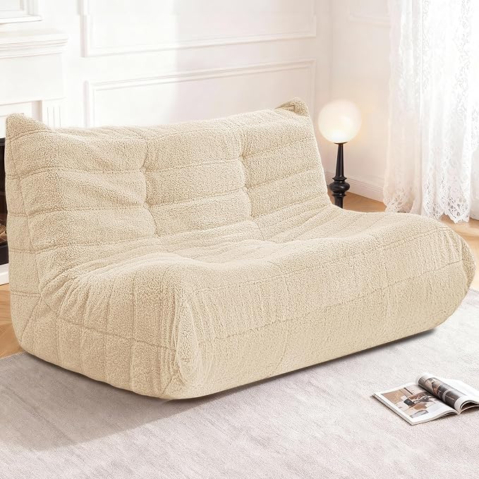Bean Bag Loveseat Chair Big Sofa Beanbag Chair for Adults Fireside Chair Bean Bag Lounger with Memory Foam Filled for Home,Apartment or Gaming Venue（Khaki Teddy）