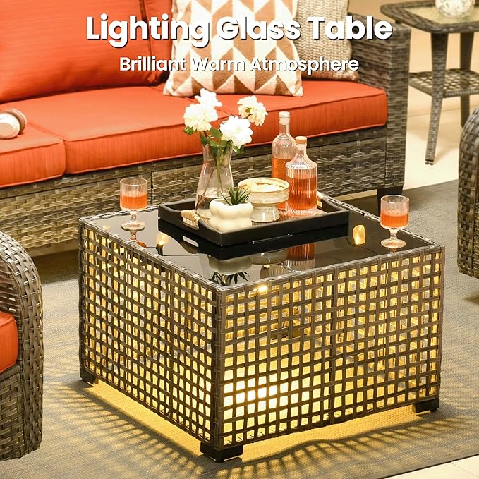 ovios 10 Pieces Patio Furniture Set, Outdoor Wicker Sofa Couch with Rocking Swivel Chairs Solar Light Table Fire Pit, Modern Deep Seat Rattan Conversation Sets, Orange Red