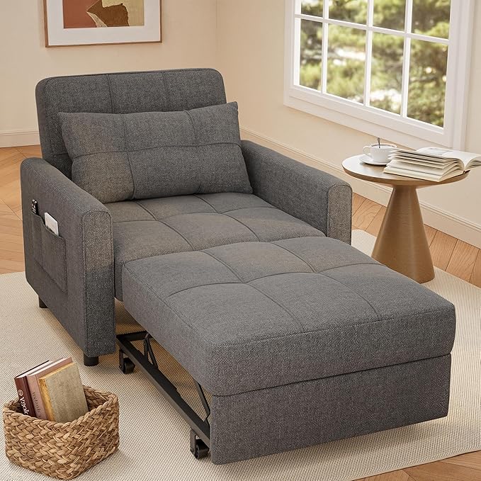 Gizoon Sofa Bed Chair 3 in 1 Convertible, Pullout Single Sleeper Chair Bed with Adjustable Backrest, Spacious Multifunctional Sofa Couches for Living Room, Bedroom, Apartment