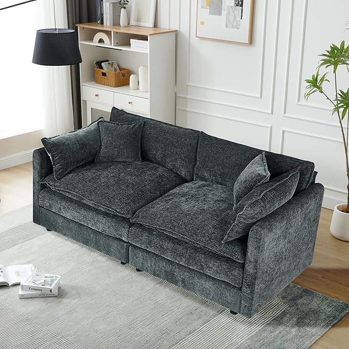 Aoowow Modular Sectional Sofa Modern Convertible Loveseat Couch,77.16 Inch Deep 2-Seater Sofas Comfy Chenille Cloud Sofas and Couches with Pillows for Living Room Apartment（Grey）