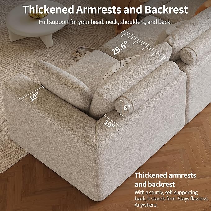 138" Modular Sectional Sofa with Deep Seat,Oversized U-Shaped Cloud Couch for Living Room 4-Seater with 2 Ottomans, Boneless Memory Foam Teddy Fleece Sofa,No Tools Assembly Required(Beige,2 Ottomans)