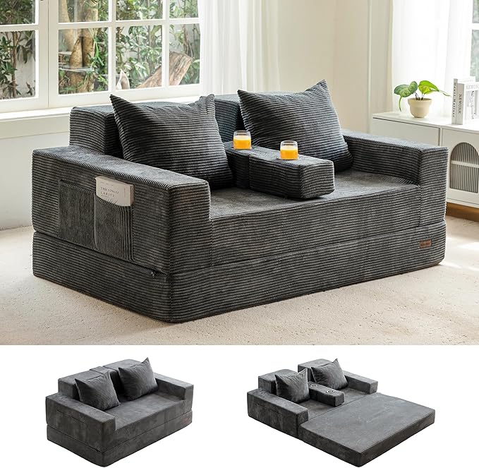 MAXYOYO Loveseat Sofa Bed, 64" Foldable Floor Sofa Couch in A Box with 2 Cup Holders, 4 in 1 Convertible Boneless Couch Folding Recliner Sleeper Chair for Living Room, No Assembly Required, Dark Grey