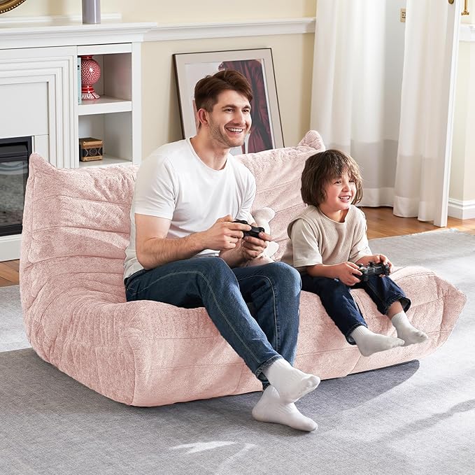 HABUTWAY Bean Bag Chair, Giant Bean Bag Chairs for Adults, Loveseat Fireside Chair, 2 Seater Lazy Bean Bag Sofa Memory Foam Couch for Living Room, Bedroom, Office (Pink)