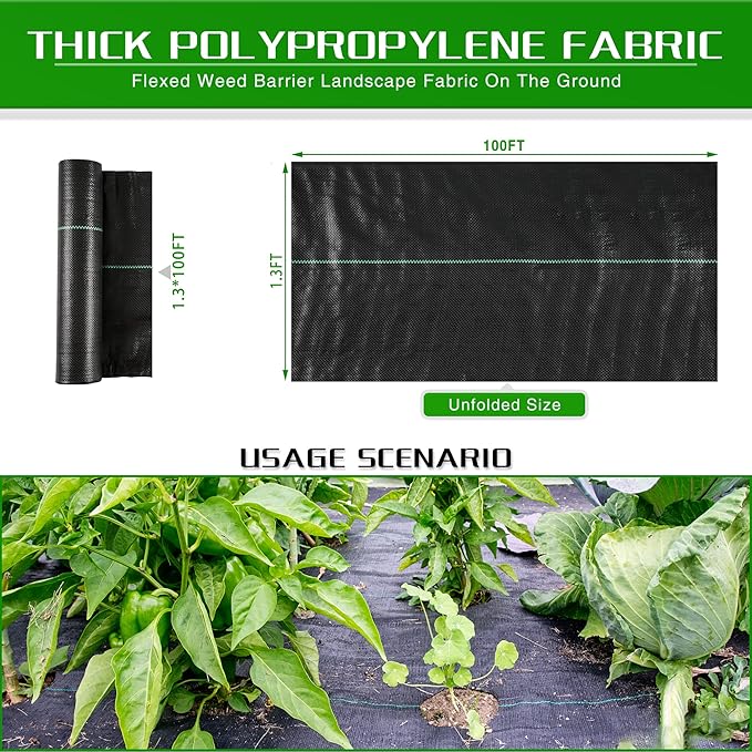 Kijamilee Weed Barrier Landscape Fabric Heavy Duty, 1.3FT x 100FT Thicken Garden Fabric Weed Mats, Weed Control Garden Cloth, Woven Geotextile Fabric for Garden Beds, Underlayment, Commercial Driveway