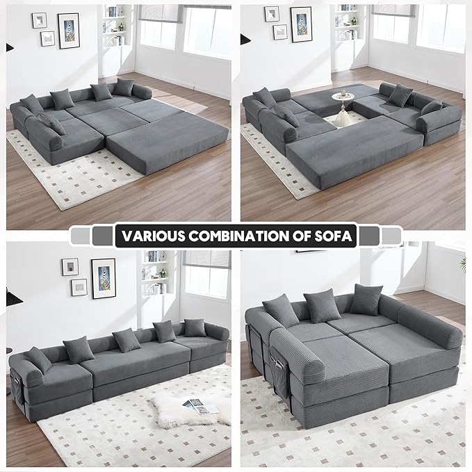 L Shape Convertible Sofa Bed with Cylindrical Pillow and Storage Pocket, Convertible Sofa Couch Bed with Support Frame for Living Room Bedroom Children Room-Grey
