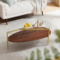 Pine Flicker Oval Coffee Table, Mid-Century Modern Design, Clear Glass Top and Walnut Finish Wood Shelf, Conical Metal Legs with Gold Finish | L43*W21*H17 inch, Fit for Living Room