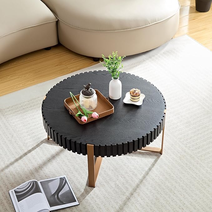 31.49'' Black Round Coffee Table for Apartment, Modern Living Room Coffee Table with Sturdy Pedestal Base (Black)