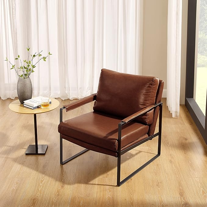 Zouron PU Leather Accent Chair for Bedroom, Living Room Chairs Modern Contemporary Upholstered Armchair with Metal Frame, for Living Room, Office, Reception Area, Set of 2, Red Brown
