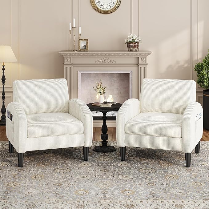 Accent Chair Set of 2,Comfy Living Room Chair with 2 Side Pockets,Mid Century Modern Reading Chair for Bedroom,Upholstered Armchair for Office, Apartment, Small Room,Beige