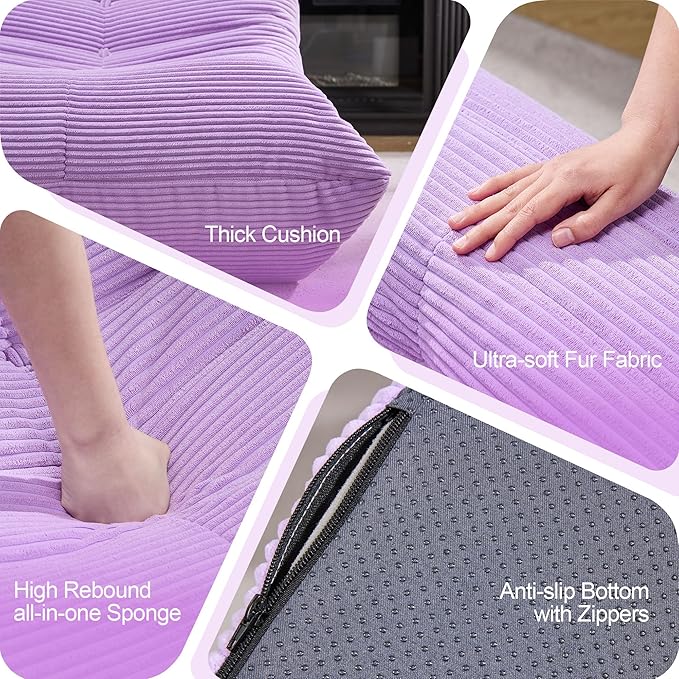 Bean Bag Chairs for Adults Giant Bean Bag Chair Memory Foam BeanBag Chair Bean Bag Sofa with Filler Faux Fur Fireside Beanbags Lazy Sofa for Living Room Bedroom Office (Purple Corduroy, Single)