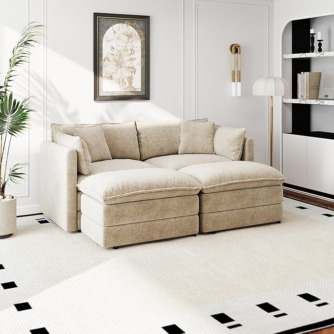 Aoowow Modular Sectional Sofa Modern Convertible Loveseat Couch,77.16 Inch Deep 2-Seater Sofas Comfy Chenille Cloud Sofas and Couches Set with 2 Movable Ottoman for Living Room Apartment（Camel）