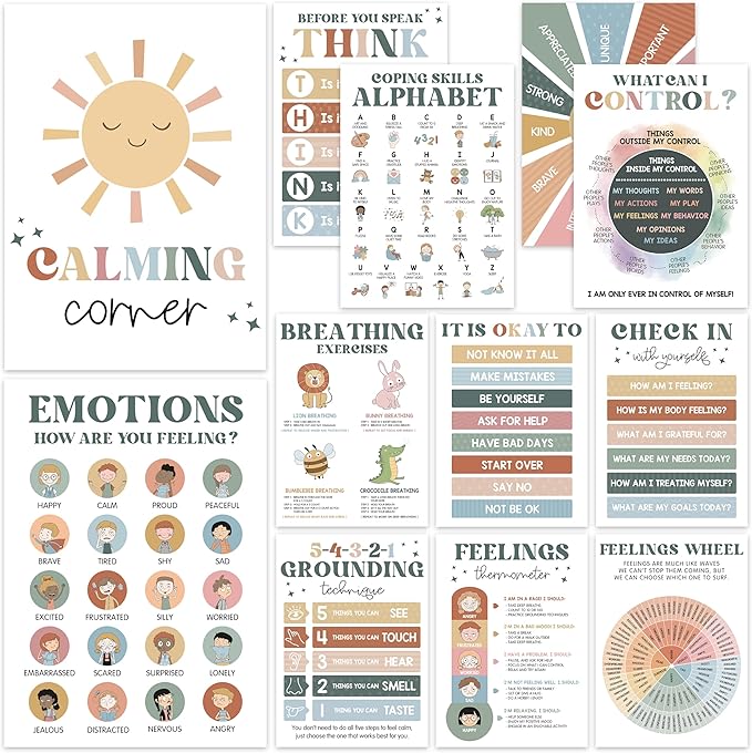 12 Retro Calming Corner Classroom Posters (10x14) - Feelings Wheel & Emotions Poster for Kids, Calm Down Corner Supplies for Therapy Office Decor, Mental Health Wall Art for Preschool and Teachers