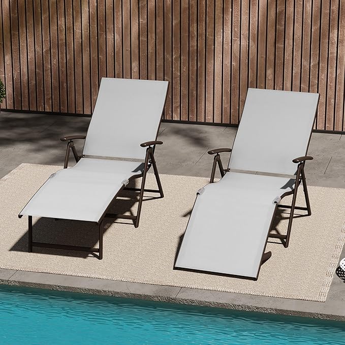 VredHom 2PCS Patio Chaise Lounge Outdoor Adjustable Folding Lounge Chair Recliner with 8 Adjustable Backrest Positions for Pool Beach Yard, Light Grey Textliene & Brown Aluminum Frame