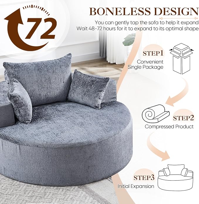 Oversized Round Chaise Longue Chair Indoor, Modern 55-inch Upholstered Chenille Deep Seat Circle Single Cloud Lounge Floor Sofa Chair for Living Room, Bedroom Apartment, Grey