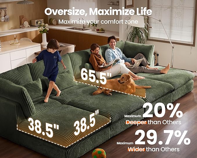 Oversized Modular Sofa, Extra Deep Cloud Corduroy Sectional Couch with Ottoman Chaise, Fluffy Corduroy 5 Seater Sofa Bed for Living Room, Villa (L Shape 5 Seater, Corduroy Green)