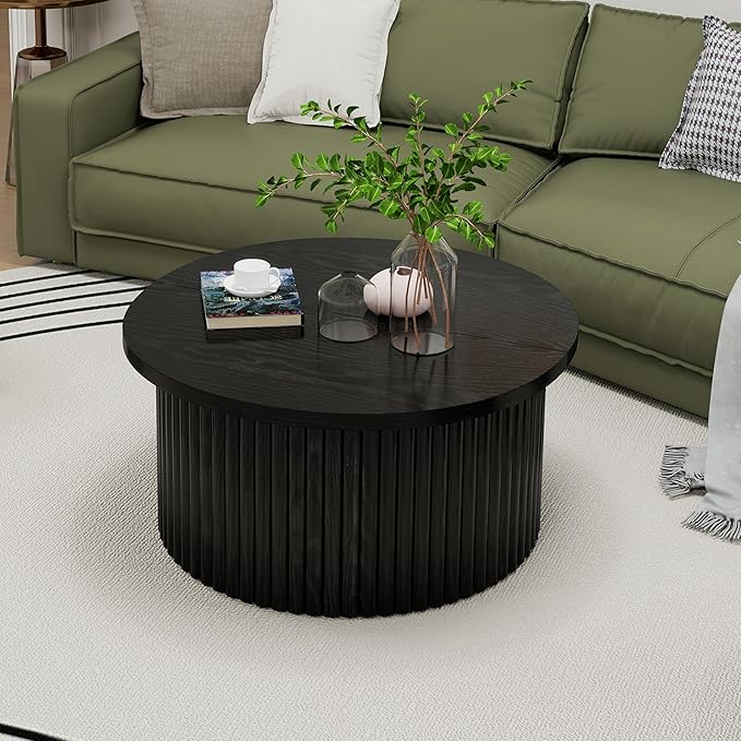 31.54" Round Coffee Table,Modern Drum Side Accent End Table for Living Room,Apartment,Black