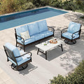 HERA'S HOUSE 4 Piece Metal Patio Furniture Set, All Weather Outdoor Conversation Set with 3 Seat Sofa, 2 Swivel Chairs & Coffee Table, Seats 5 for Backyard, Garden, Deck, Blue