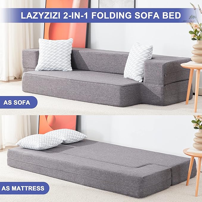 Lazyzizi Floor Sofa Bed, Convertible Sleeper Lounge Couch Folding Mattress with 2 Pillows & Washable Cover for Living Room, Guest, Playroom 10inches Twin