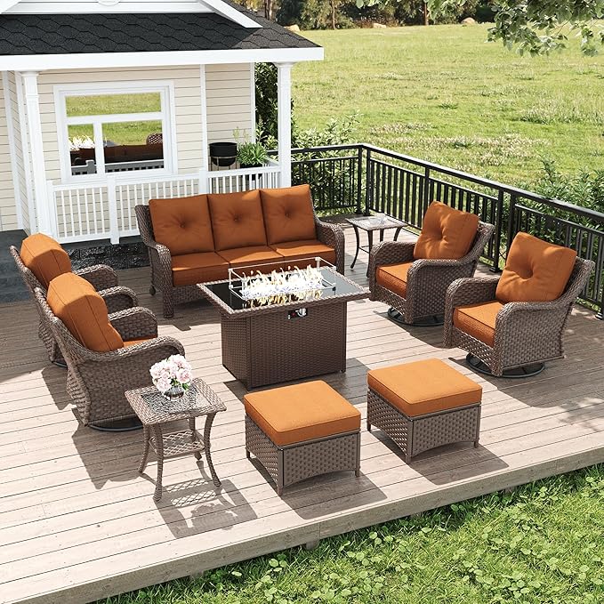 LayinSun 10 Piece Wicker Outdoor Furniture Set with 6-inch Comfy Cushions, High Back Patio Furniture Set with Swivel Rocking Chairs and Fire Pit Table