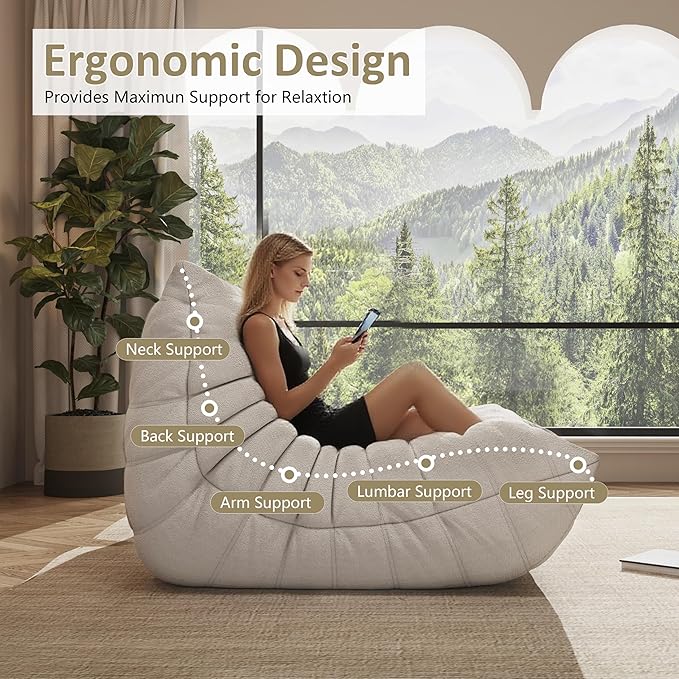 Bean Bag Chair, Oversized Bean Bag Chair for Living Room, Fireside Chair for Adults with Memory Foam Filled, Big Accent Lounge Floor Sofa for Reading, Relax, No Assembly Required. (Beige 3-Seater)