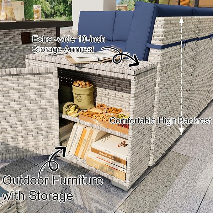 7 Pieces Patio Conversation Set, Rattan Furniture Set with Wide Armrests and Coffee Table, Outdoor Modular Sectional Couch Wicker Sofa with Fire Pit for Garden Backyard Porch Deck (Blue Cushions)