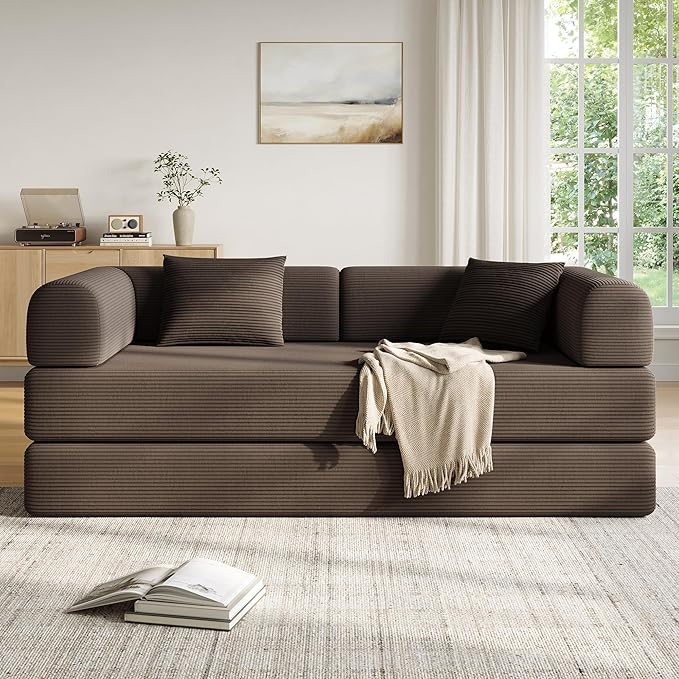 79 Inch 5-in-1 Convertible Sofa Bed, Corduroy Boneless Floor Couch with Fixed Frame & Pillow, Modular Folding Mattress Lounger for Small Space, Living Room, Bedroom - Easy Assembly(Brown)